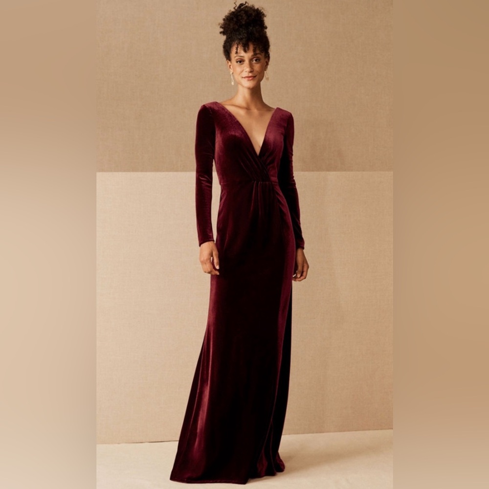 Jenny Yoo Long Sleeve Velvet Gown in Deep Burgundy